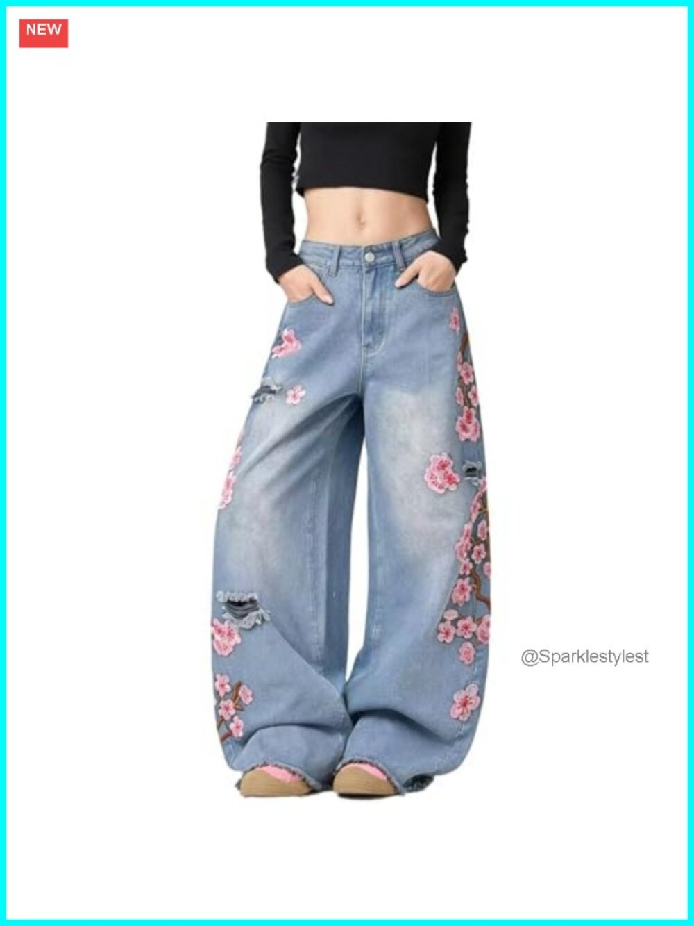 High Waisted Wide Leg Baggy Jeans Distressed Floral Embroidered